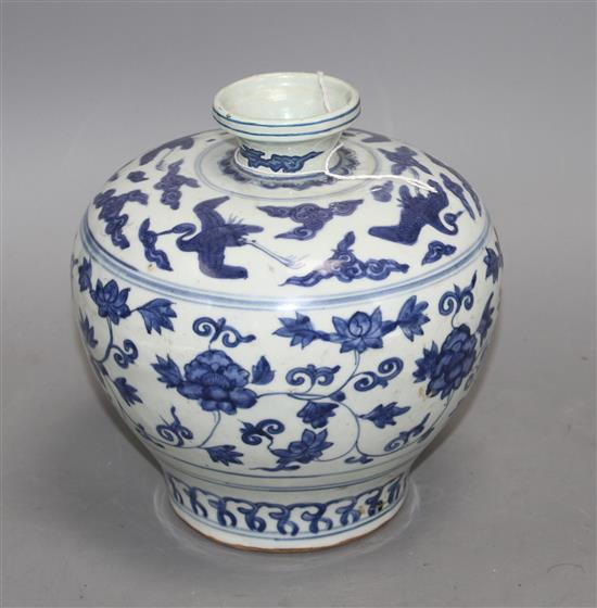 A Chinese blue and white bulbous vase, Ming, with restored rim, height 19cm